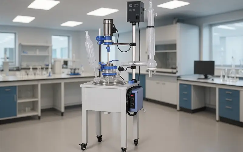 A glass vessel chemical reactor in a modern laboratory setting with clear liquids inside