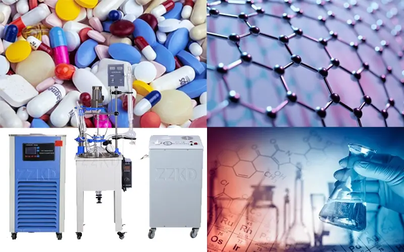Collage of different industrial applications: pharmaceutical lab, university research, food processing