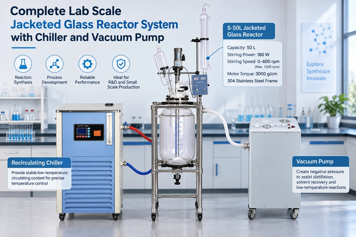 complete lab scale jacketed glass reactor system with chiller and vacuum pump