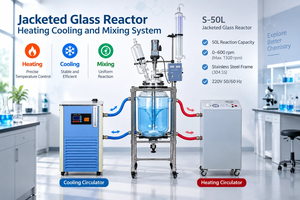Thermal control and stirring for chemical synthesis jacketed glass reactor heating cooling and mixing system