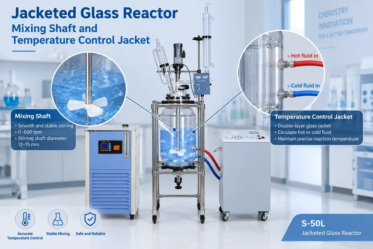 jacketed glass reactor mixing shaft and temperature control jacket