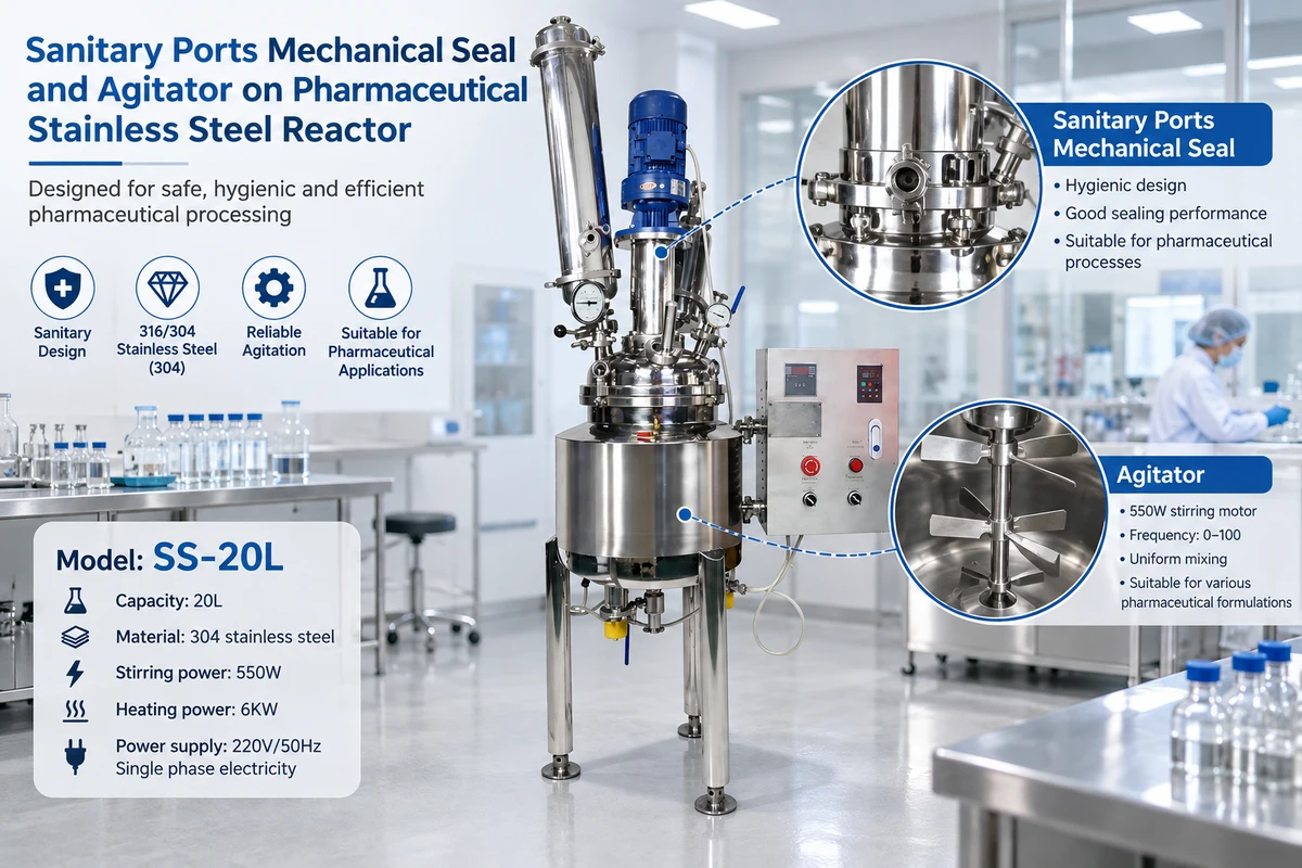 API reactor sanitary design features sanitary ports mechanical seal and agitator on pharmaceutical stainless steel reactor