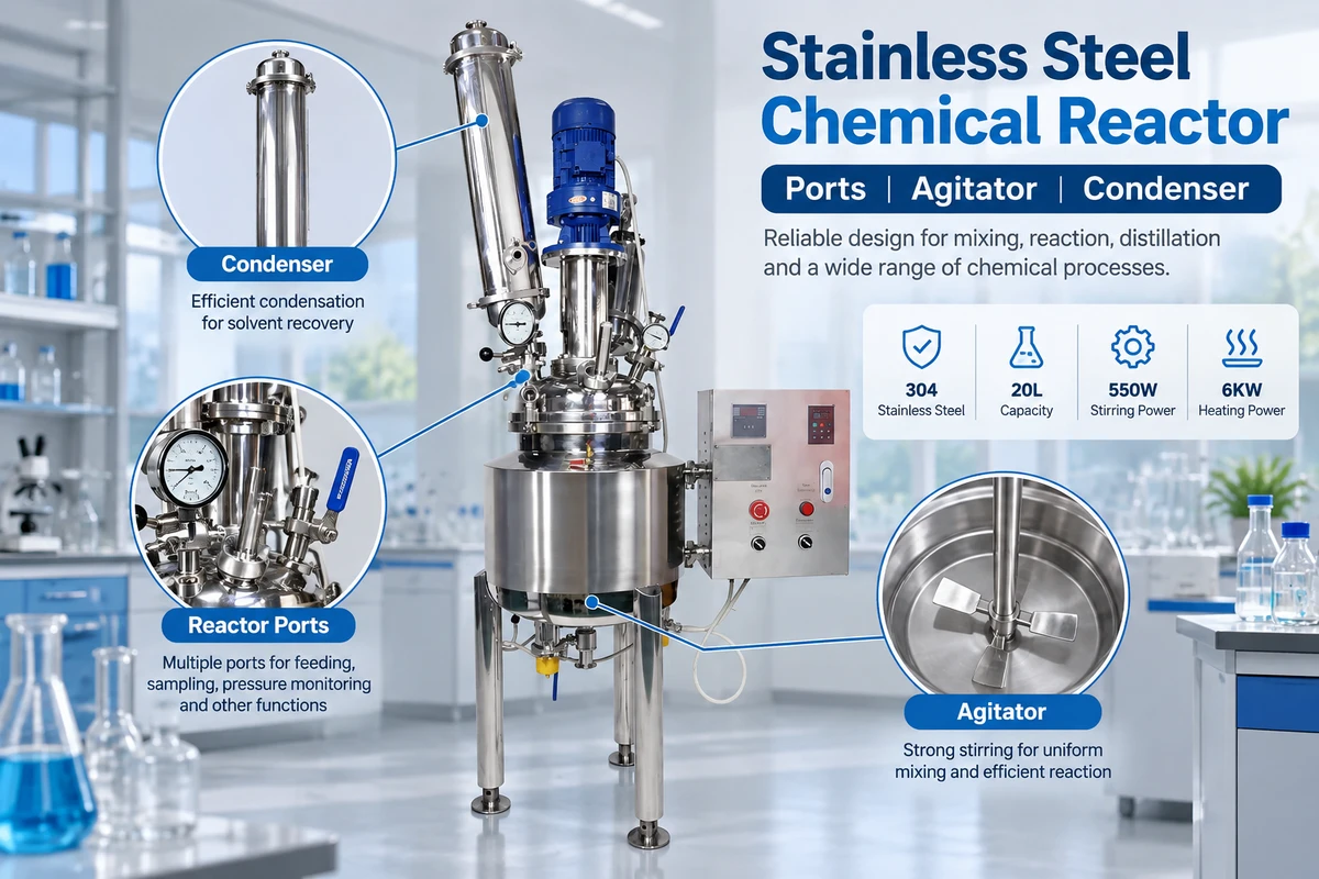 stainless steel chemical reactor ports agitator and condenser