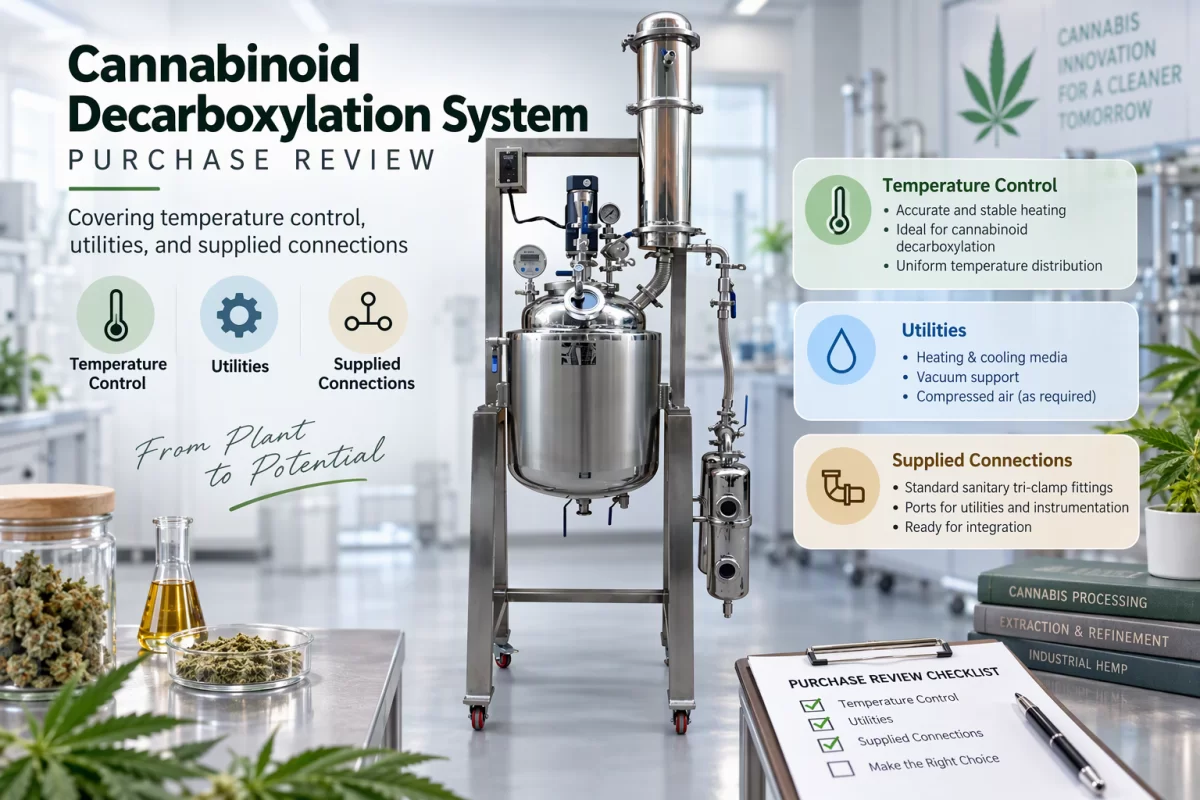Confirm utility interfaces and quotation exclusions Cannabinoid decarboxylation system purchase review covering temperature control, utilities, and supplied connections