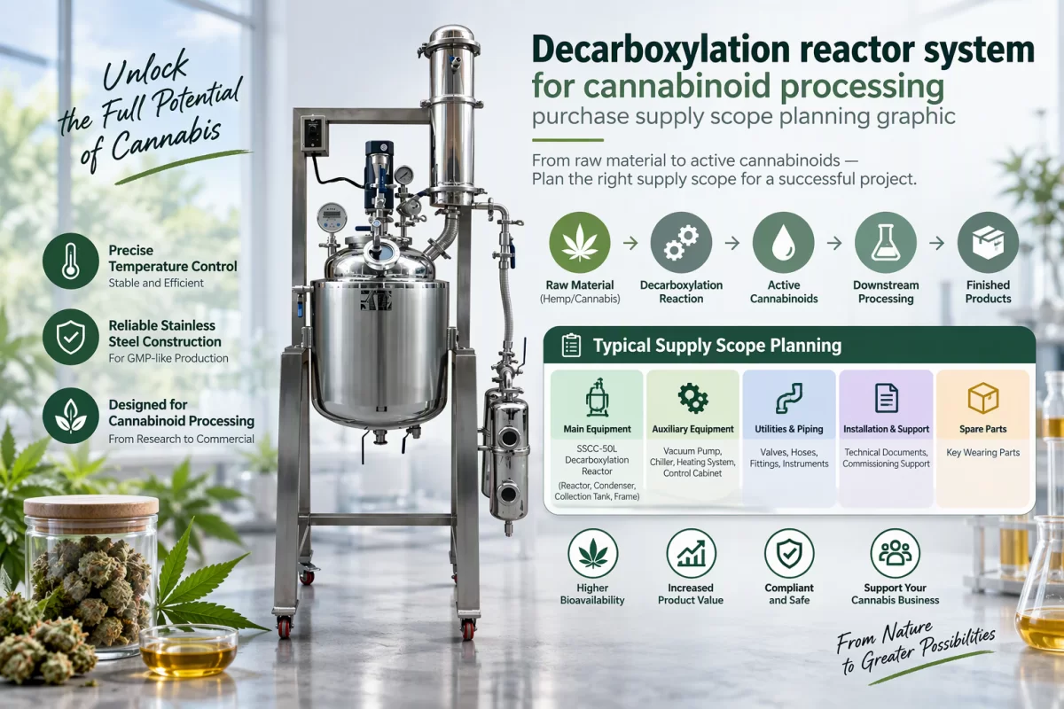 Define the decarboxylation equipment package before ordering Decarboxylation reactor system for cannabinoid processing purchase supply scope planning graphic
