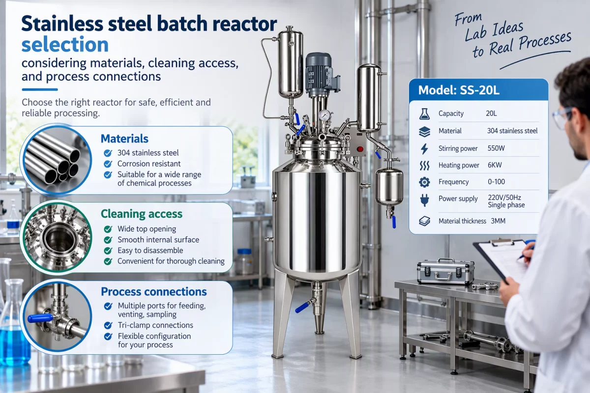 Stainless steel batch reactor selection considering materials, cleaning access, and process connections
