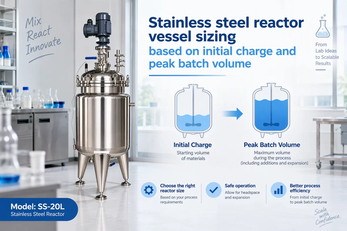 Stainless steel reactor vessel sizing based on initial charge and peak batch volume