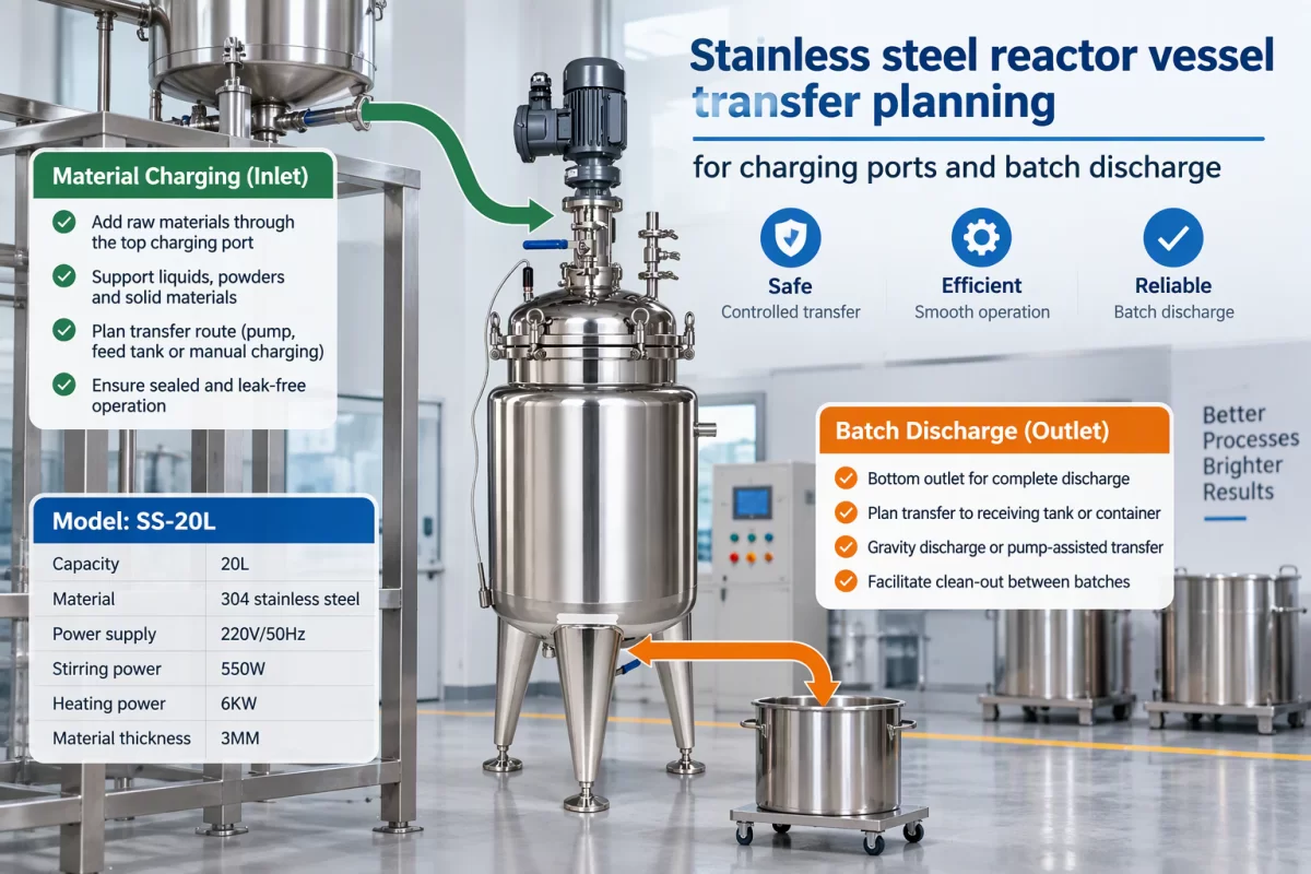 Charging interfaces and discharge-path planning Stainless steel reactor vessel transfer planning for charging ports and batch discharge
